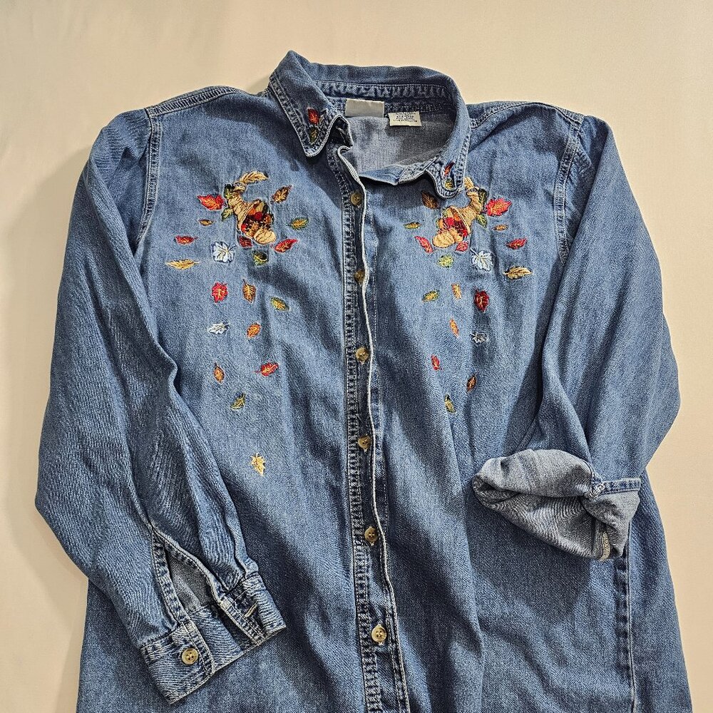 Vintage Bobbi Brooks Denim Button Up Embroidered Fall Theme Women's 14W/16W S/M